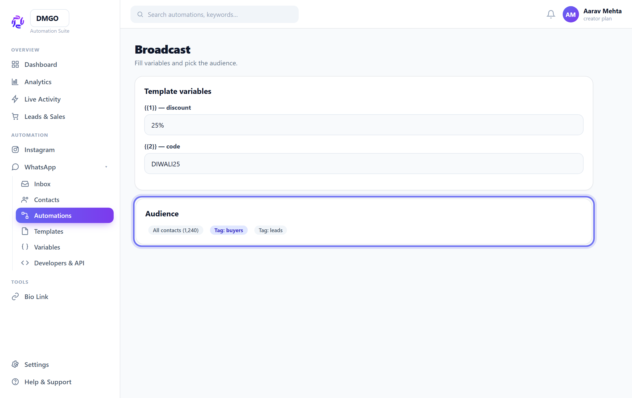 Fill variables & pick the audience