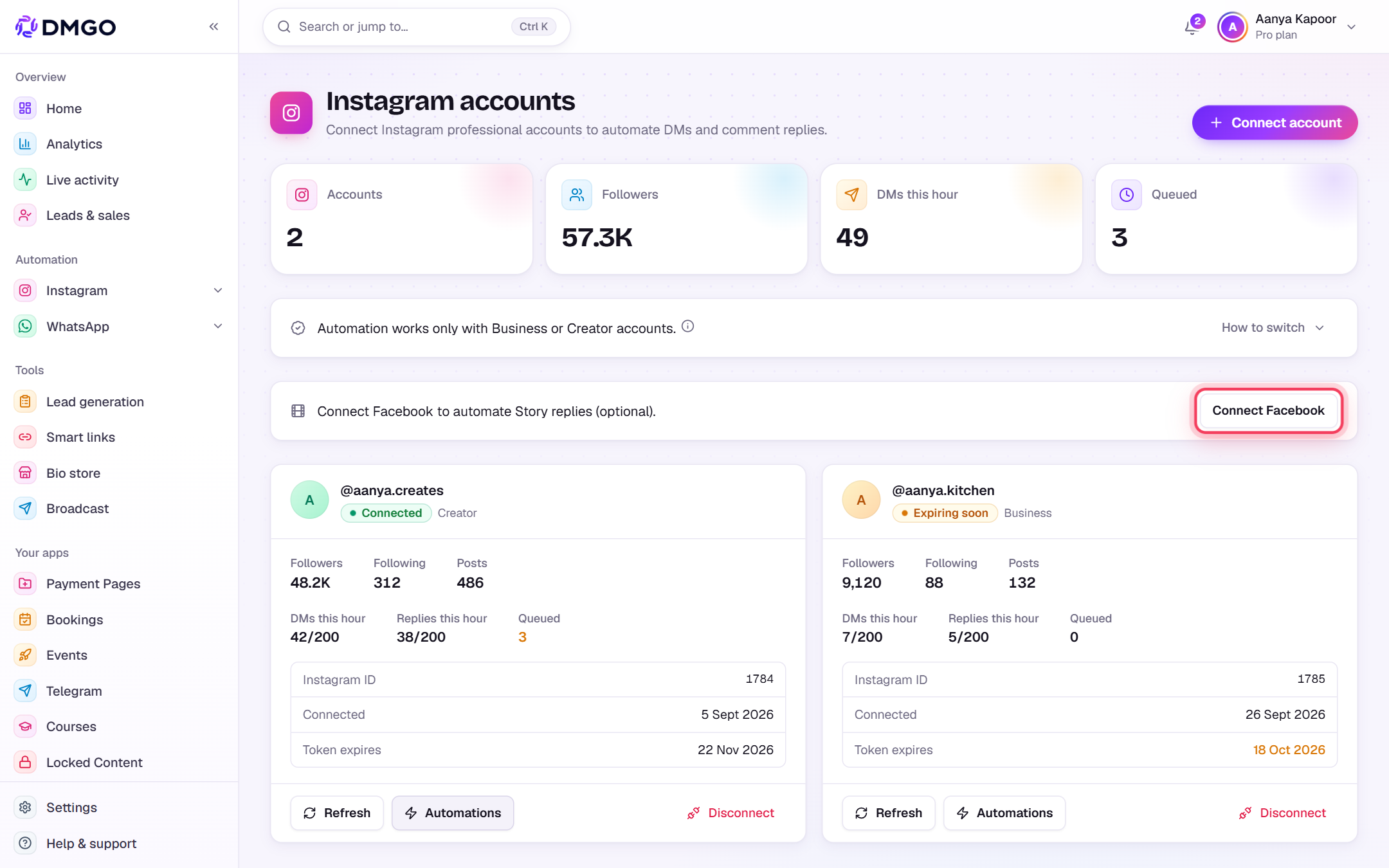 (Optional) Connect Facebook for Story replies