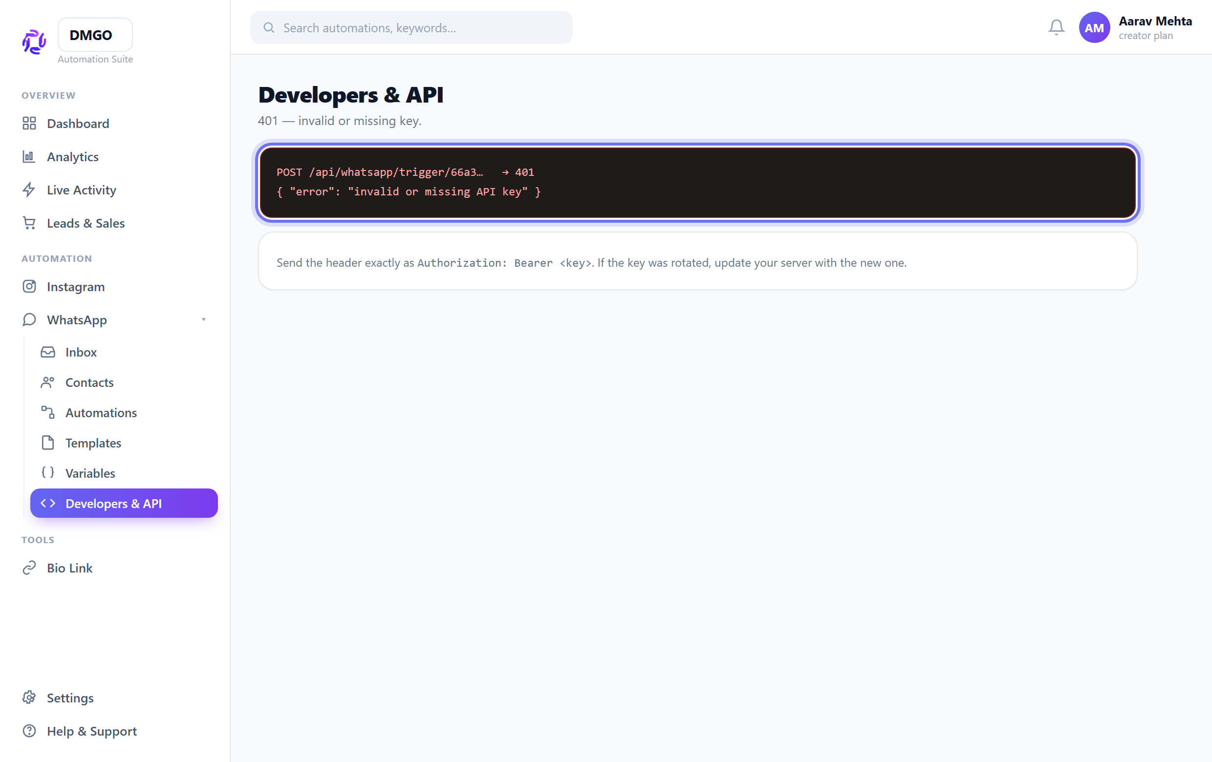 401 — invalid or missing key
