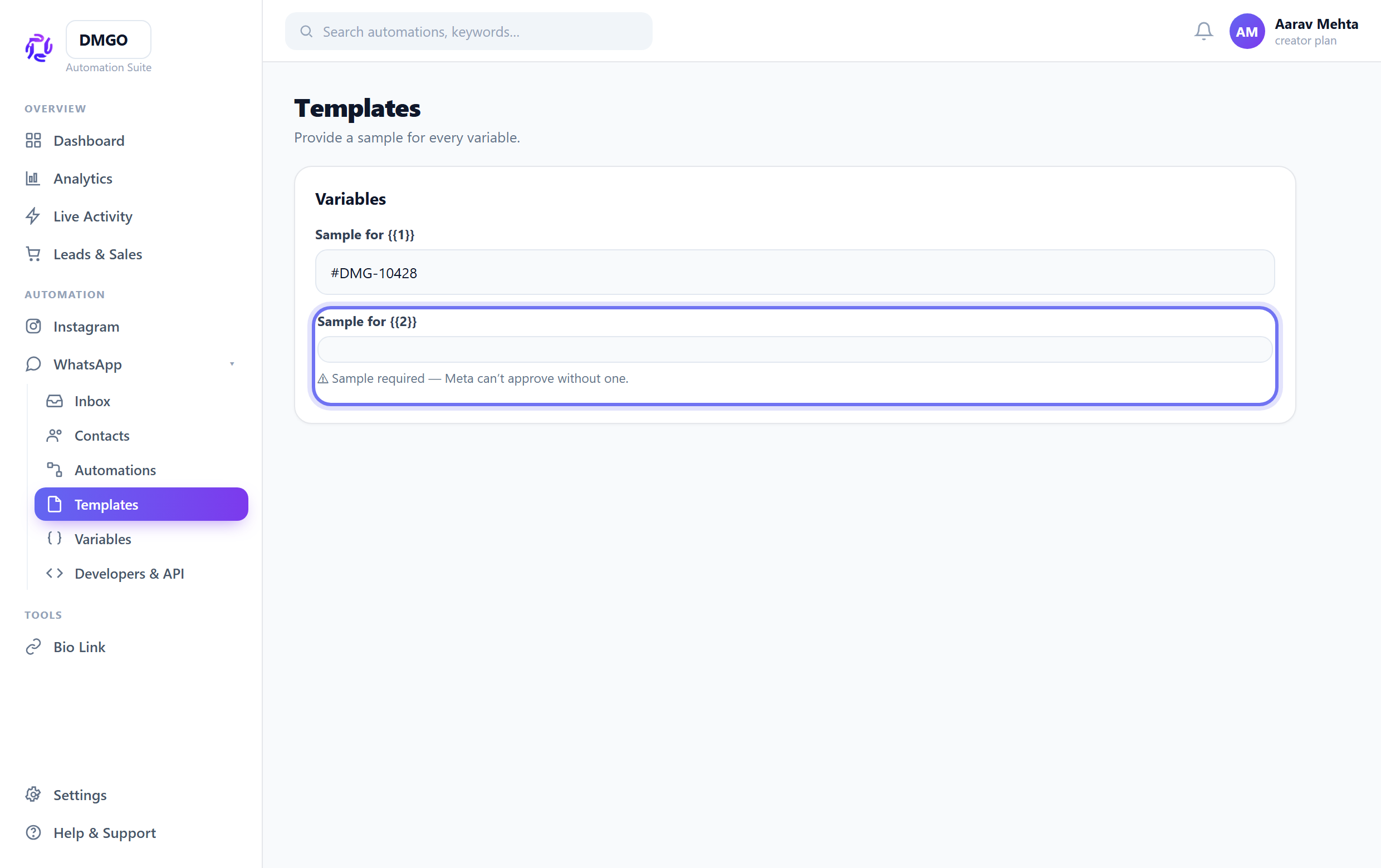 Provide sample values
