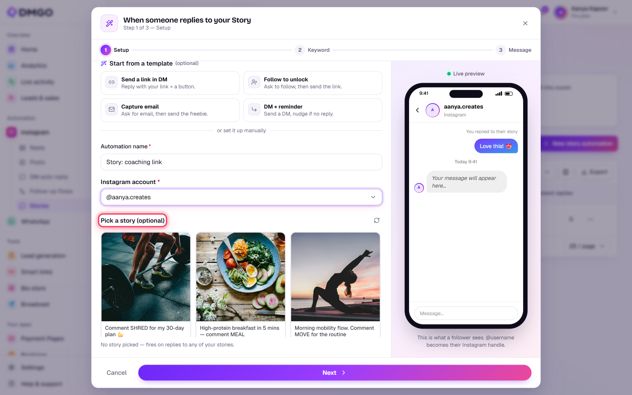 Setup: name, account and Story